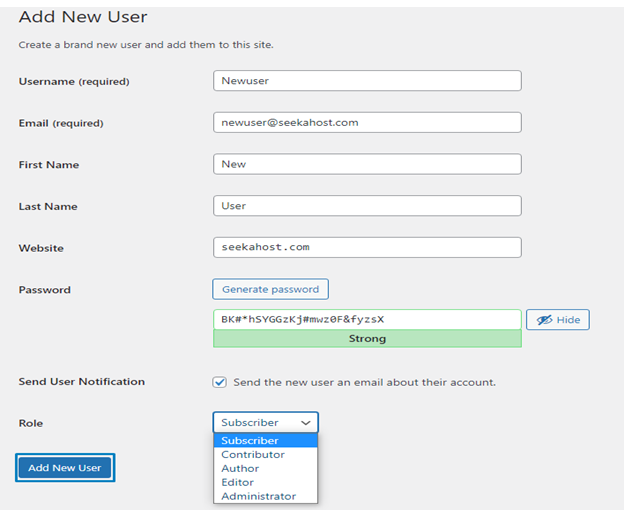 Add New WordPress User Details