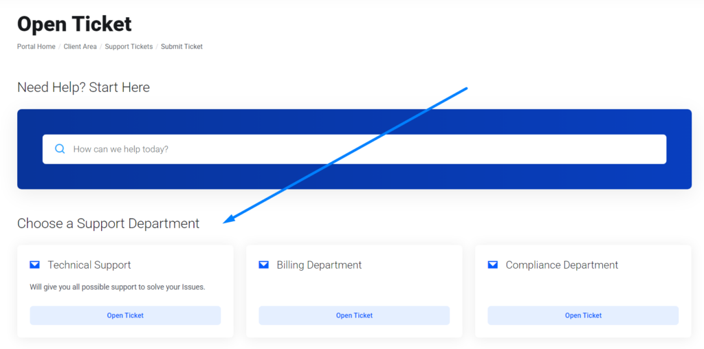 Choose Department - Open Ticket