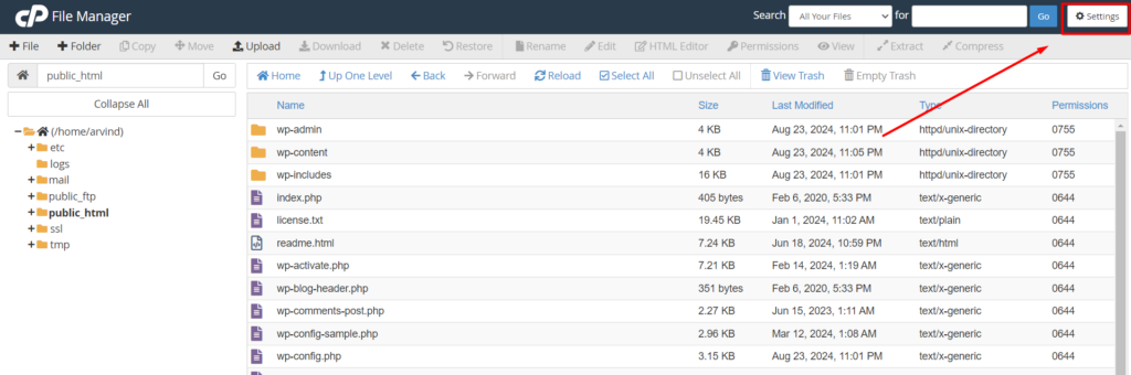 Settings option - File Manager