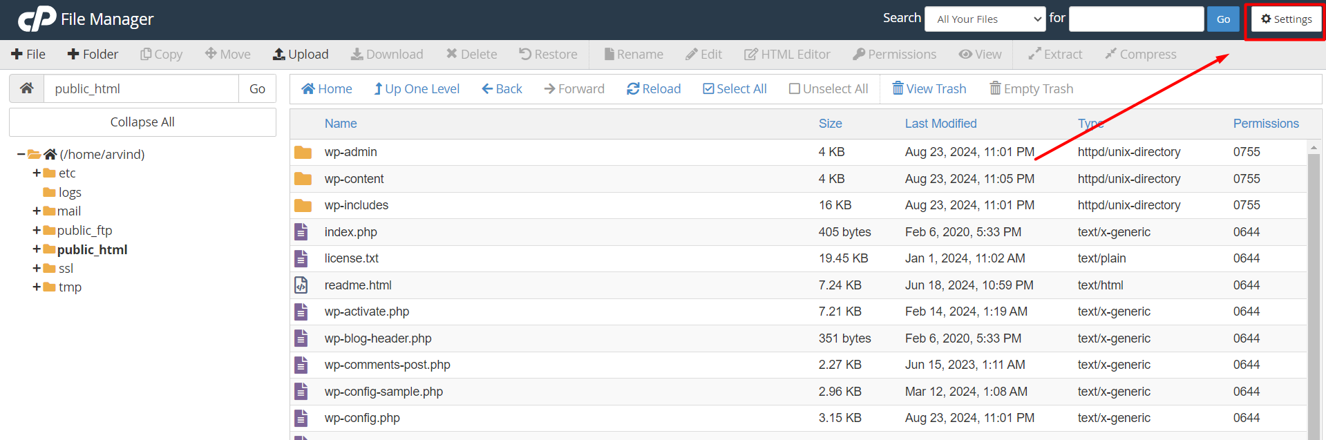 Settings option - File Manager