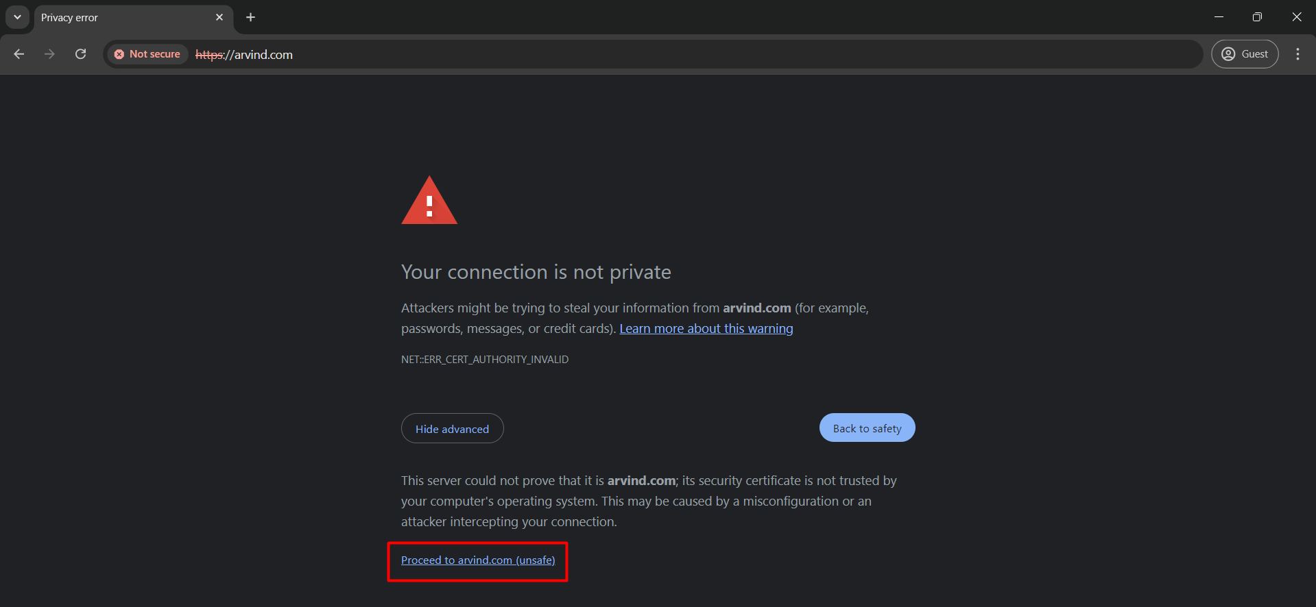 Your Connection is not Private - Proceed to Unsafe