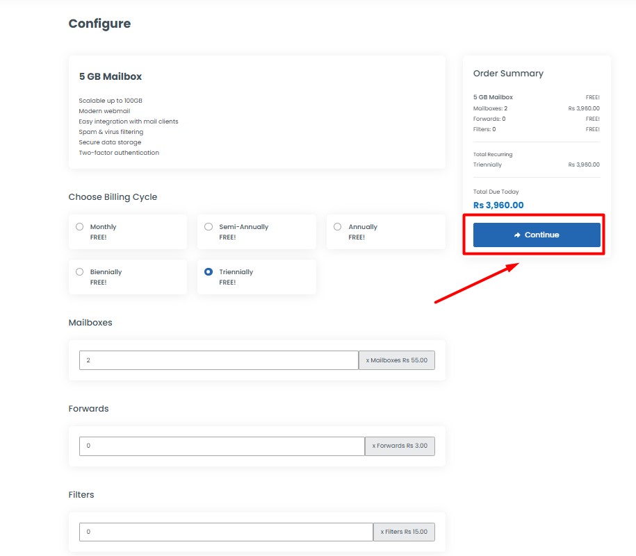 Click continue to checkout page