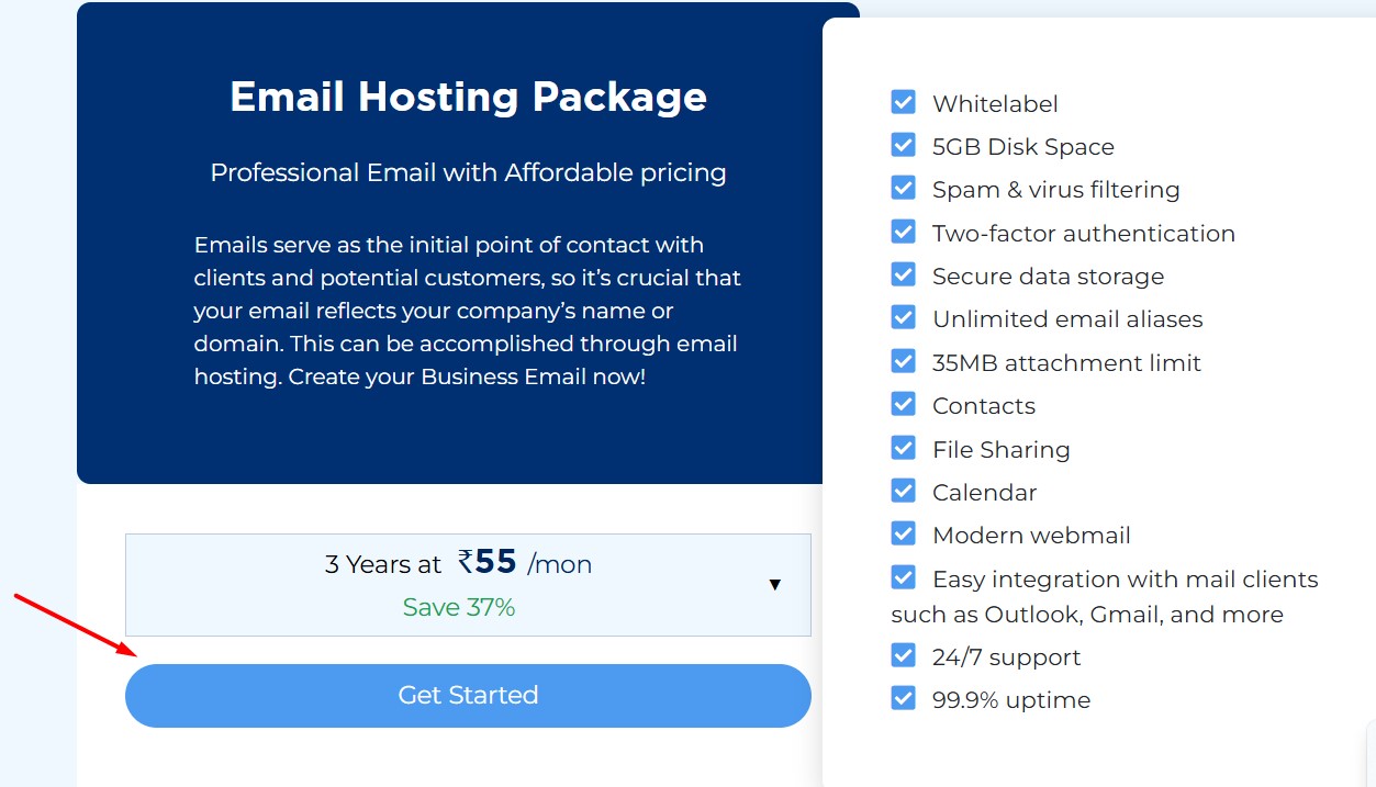 Click get started to choose email hosting