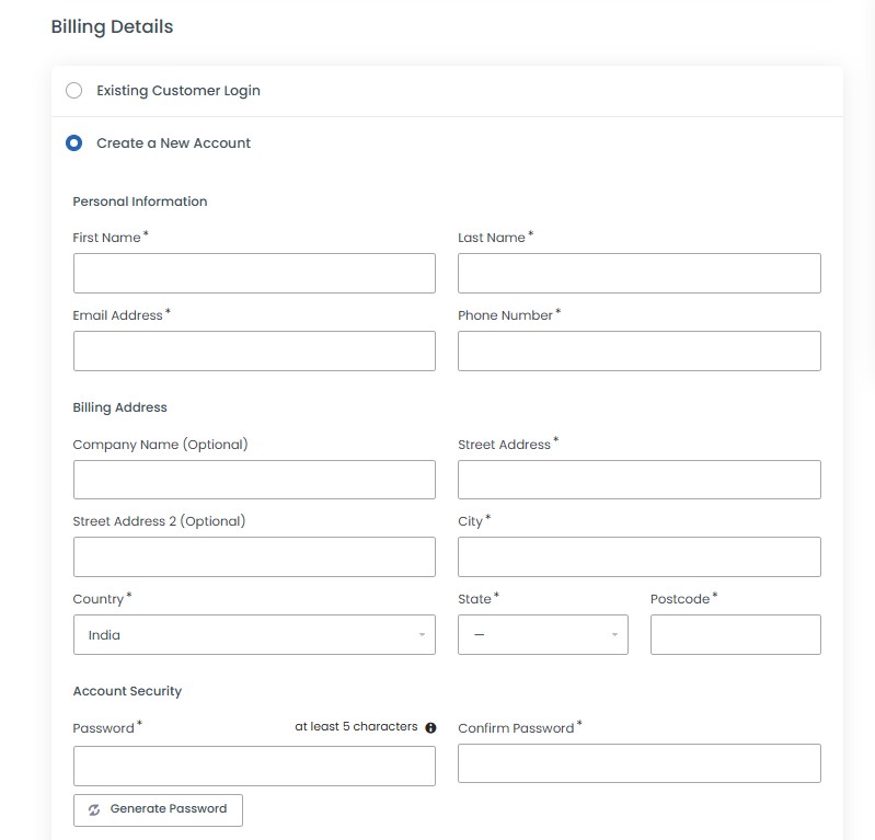 Enter new account details or click existing login