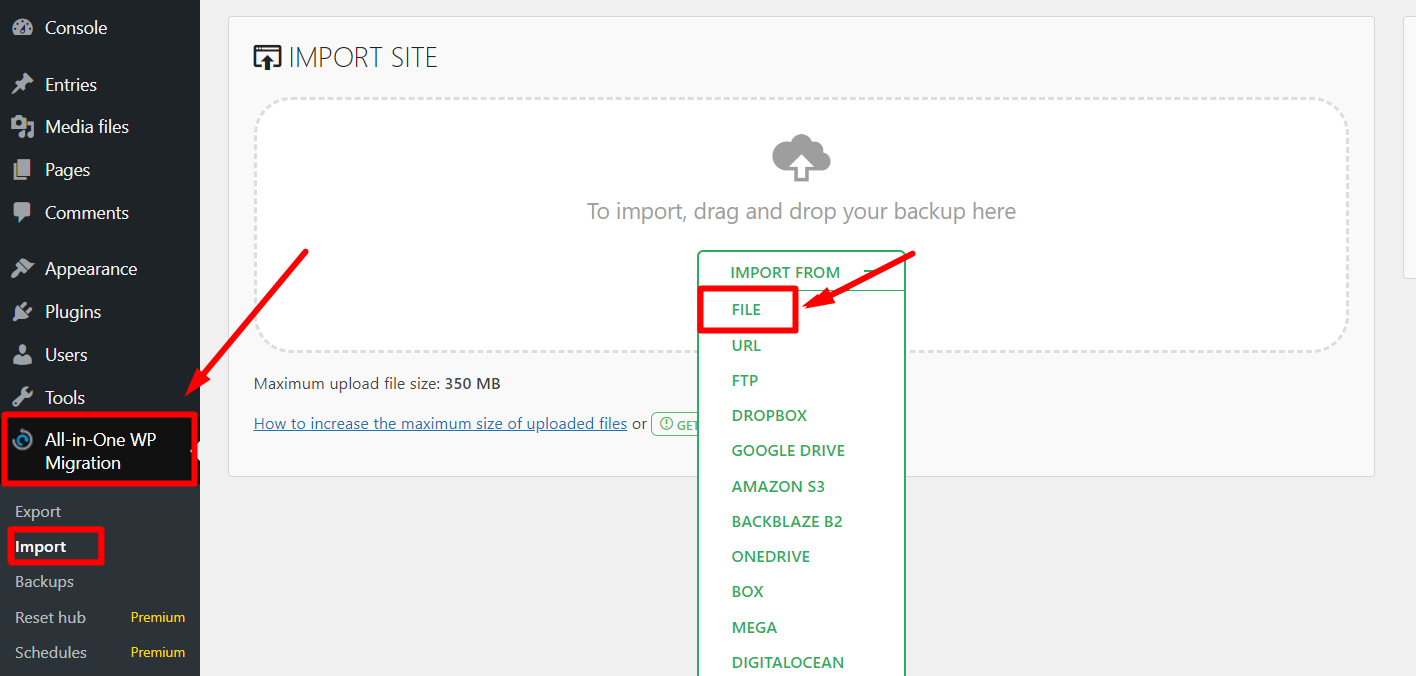 all in one migration Import backup