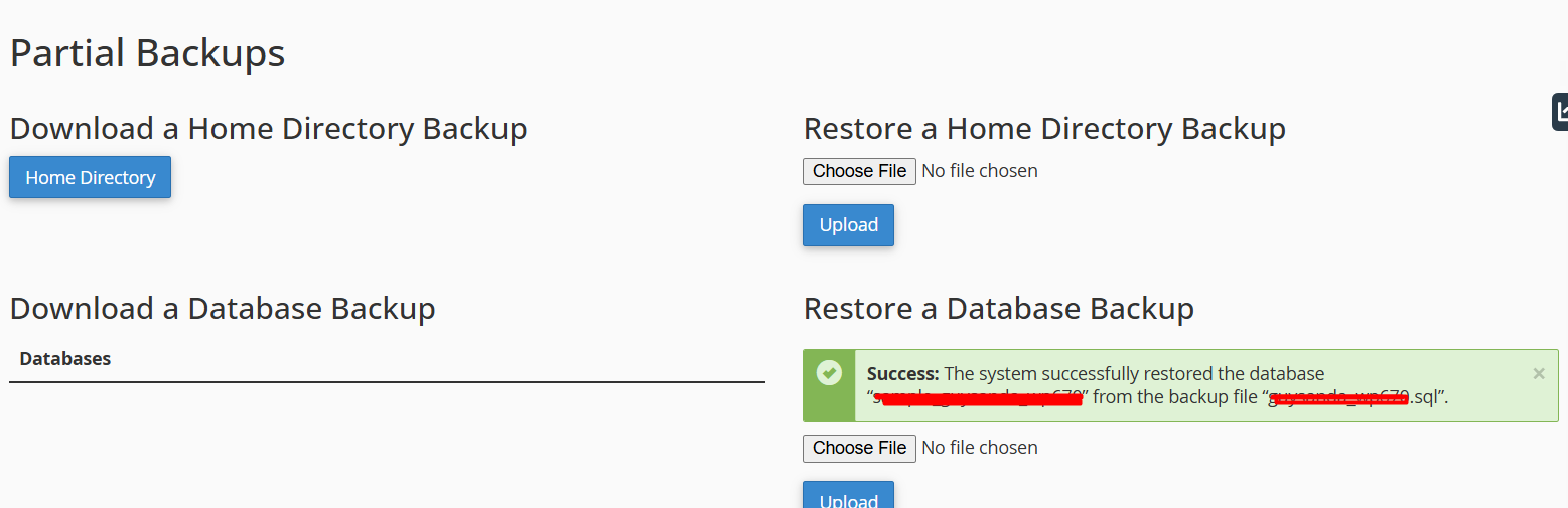Database Backup Complete Message cPanel