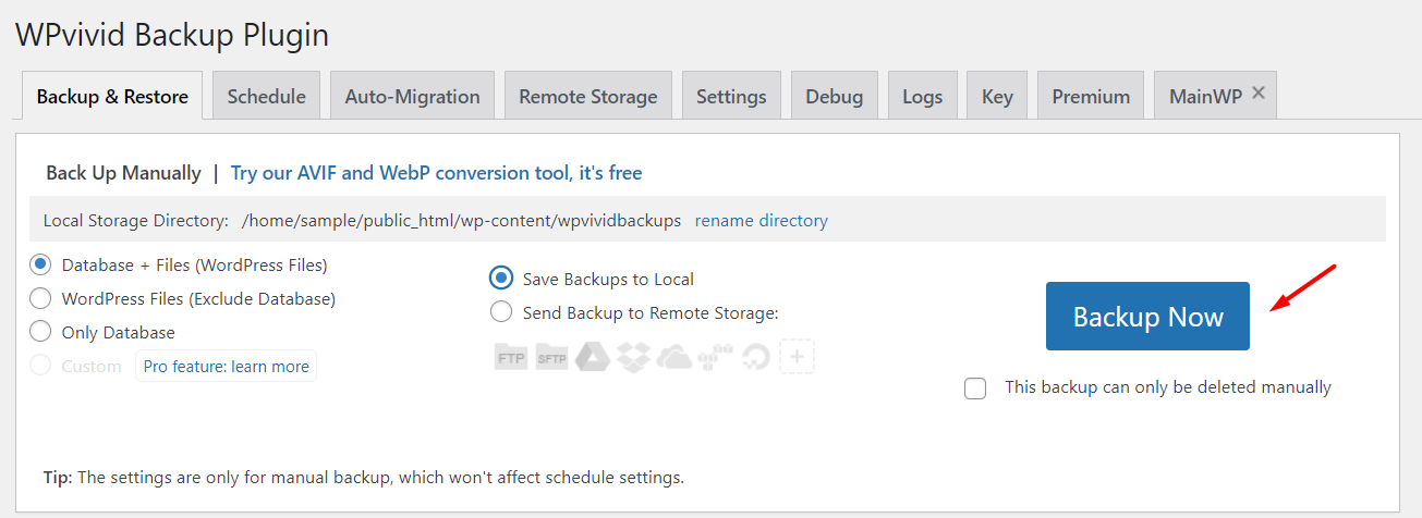 Database and Files Backup - WPVivid