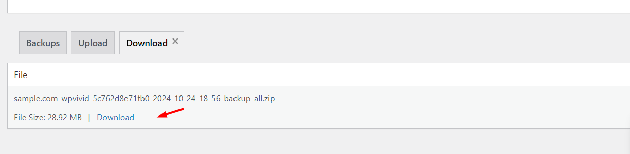 Generate Backup Download - WPVivid