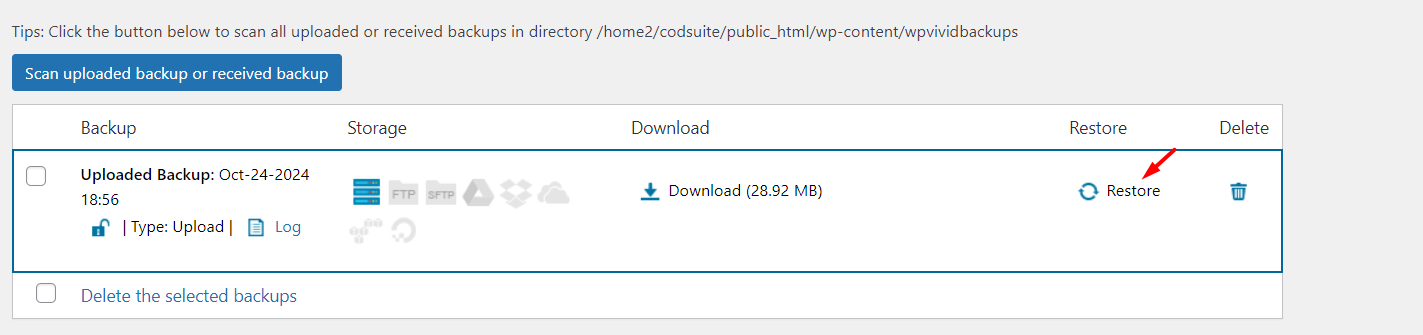 Restore Backup file - WPVivid