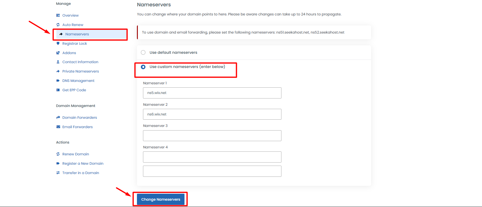 Update Wix as custom nameserver