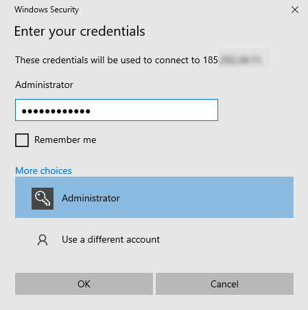 Enter credentials for user to connect via RDP