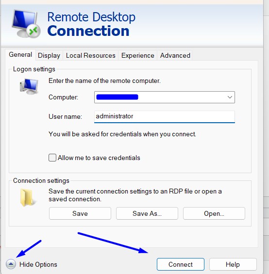 Server details in rdp