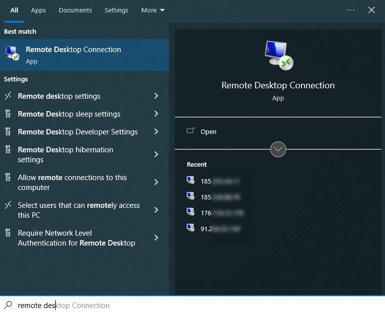 click Remote Desktop connection option in your local pc