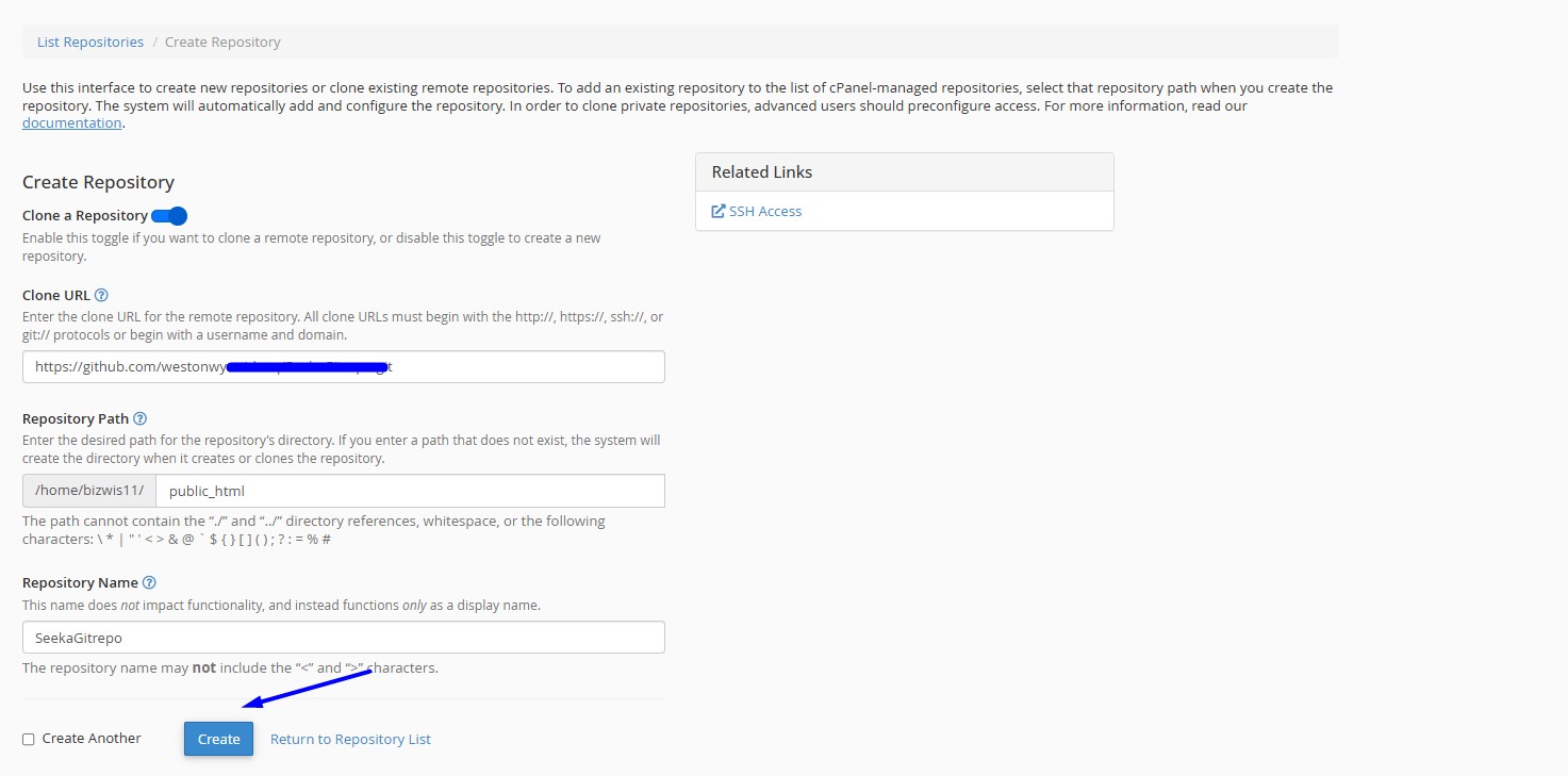 Click create button to connect github to cPanel