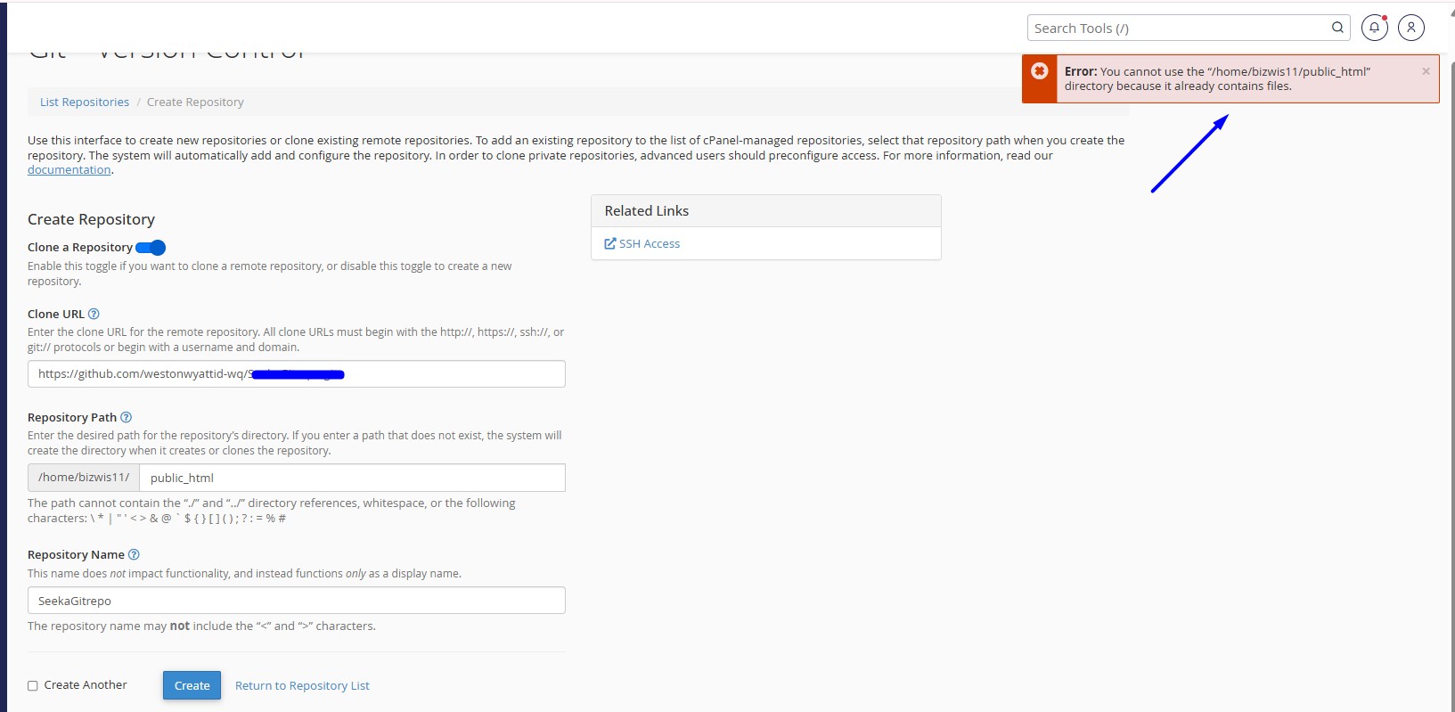 Got error on while creating github