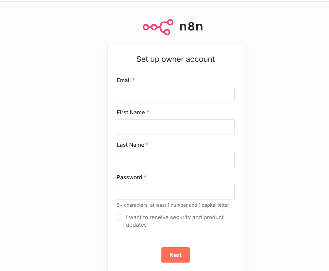 setup owner account - n8n