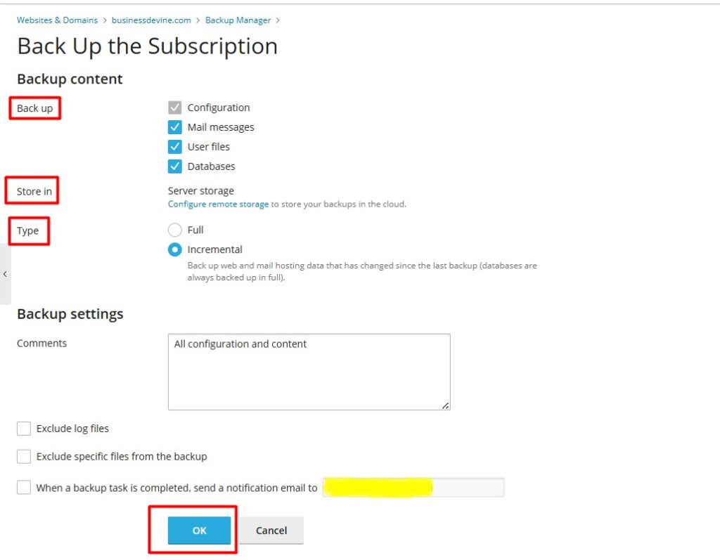 Backup Options - Plesk