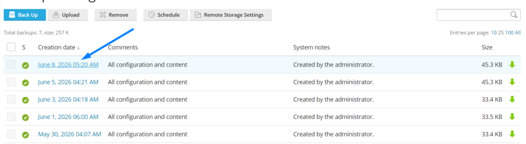 Choose date of backup restore