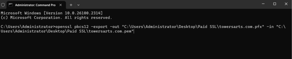 Open SSL convert pem to pfx