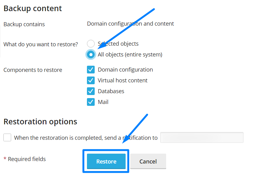 Restore backup in plesk