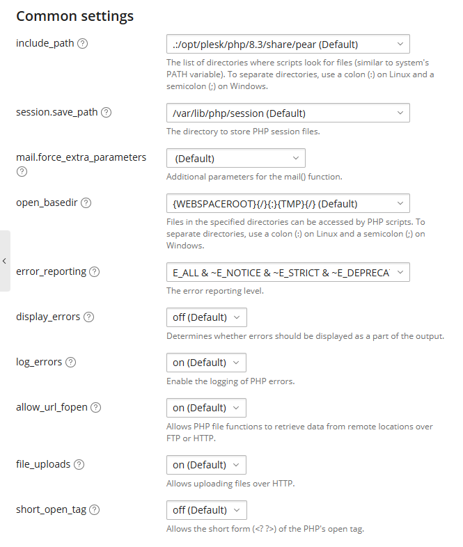 Common Settings - Plesk