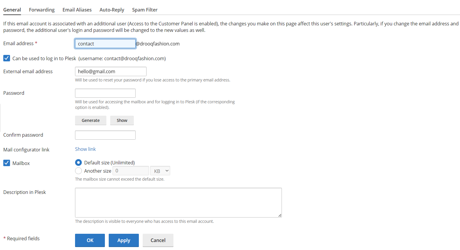 General Settings for Email - Plesk