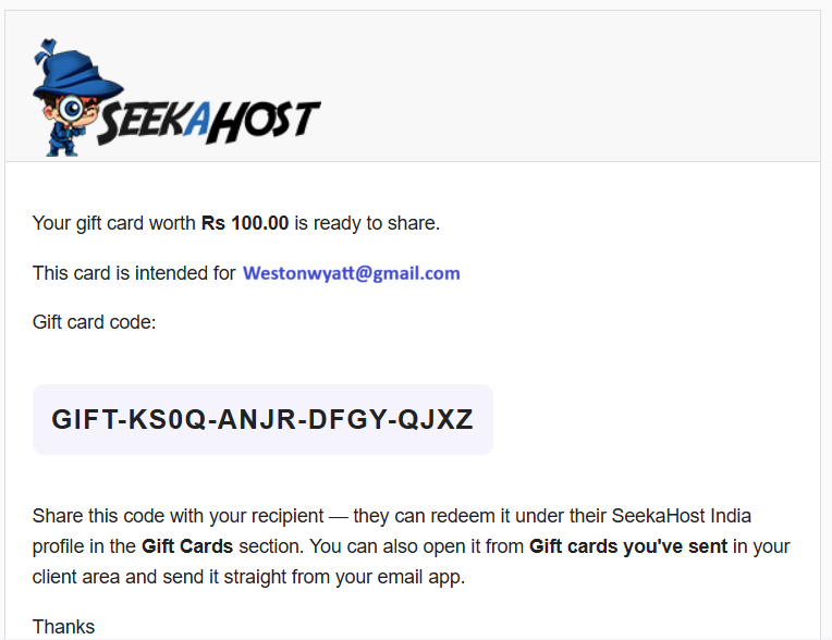 Gift Card Purchase email