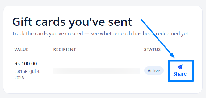 Gift cards you have sent