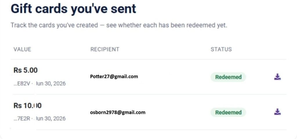 Gift cards you've sent Status