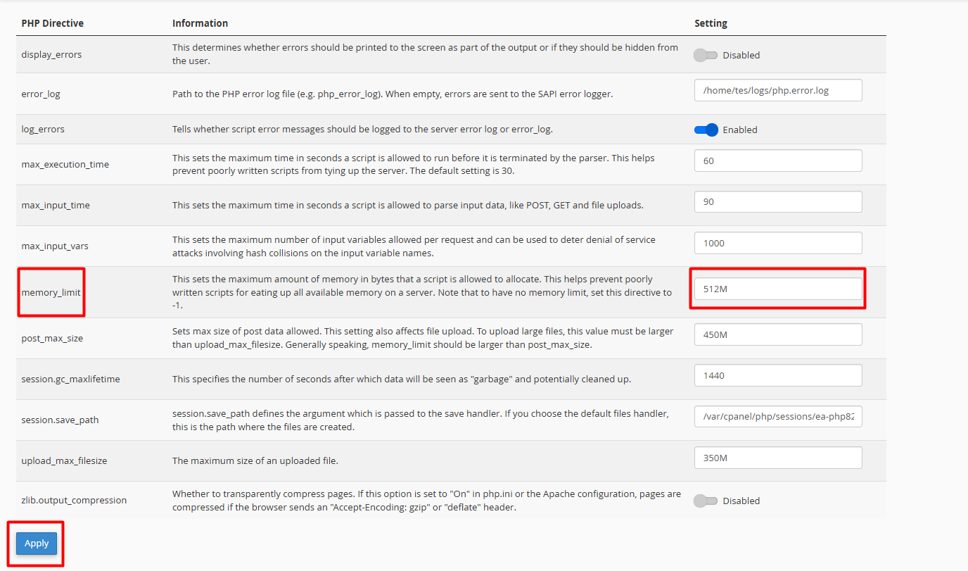 Enter the values to Change PHP Settings values