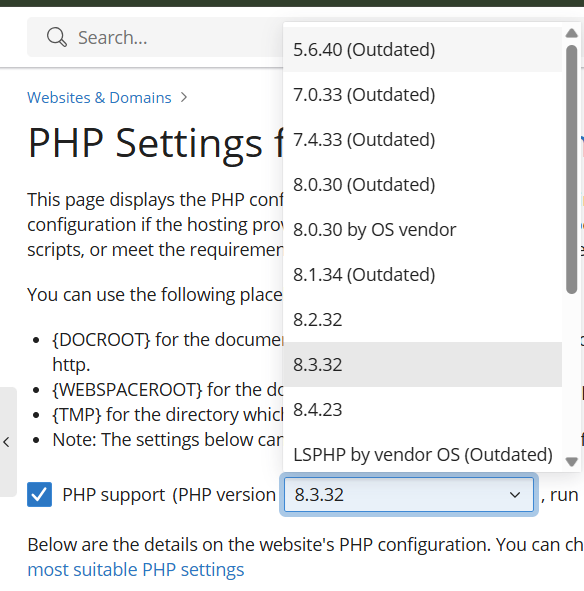 Choose PHP Version - Plesk