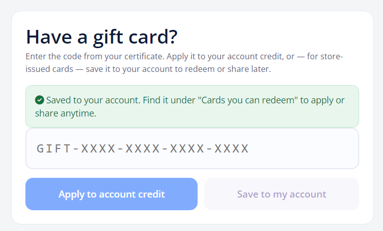 Save to my account - gift card code redeem