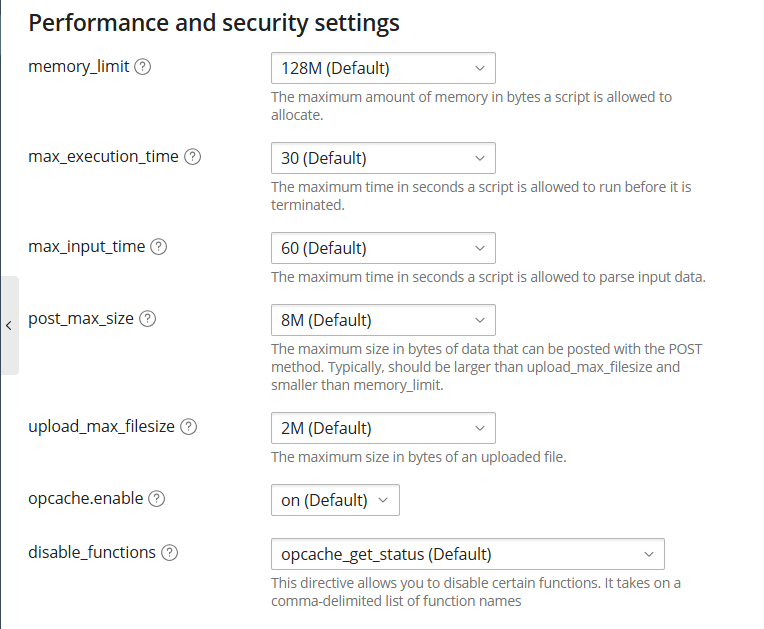 Performance and Security PHP Settings - Plesk