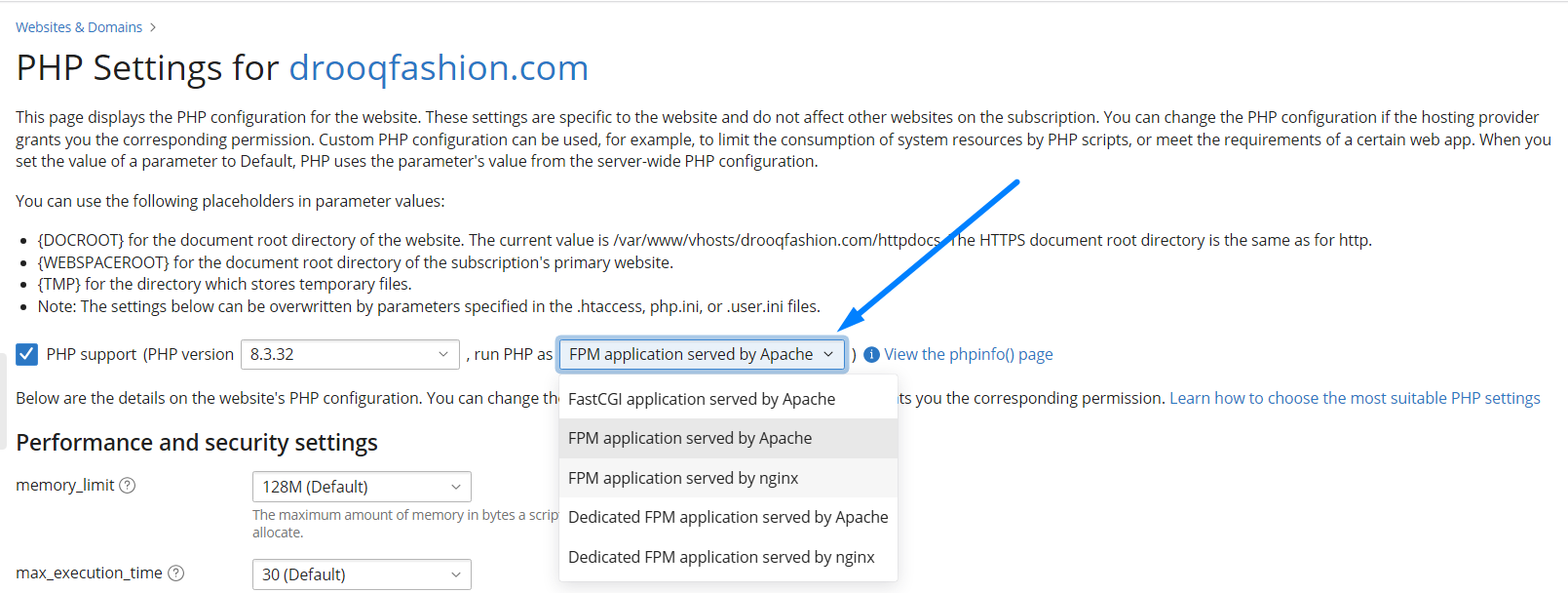 Select PHP Handler - Plesk