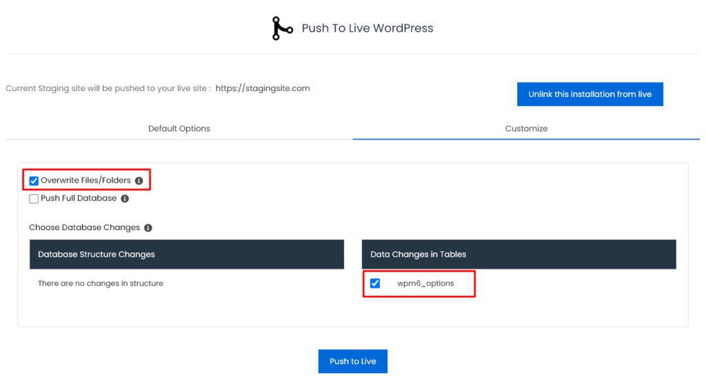 customize Push to Live Restore
