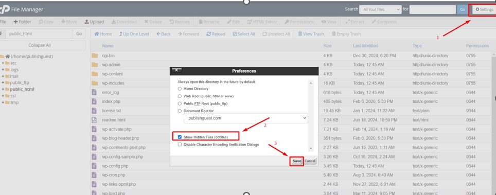 Click Show hidden files under setting