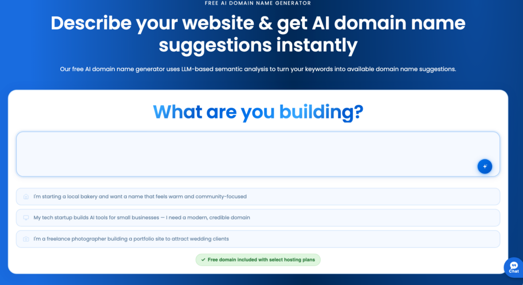 Bluehost AI domain name generator with a prompt box and example prompts to start from