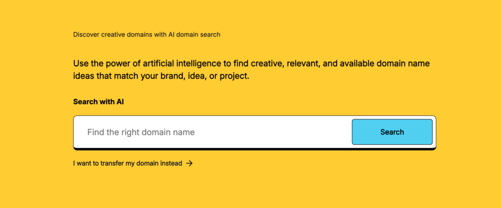 Domain.com AI domain generator page with a search box for keywords or a business description