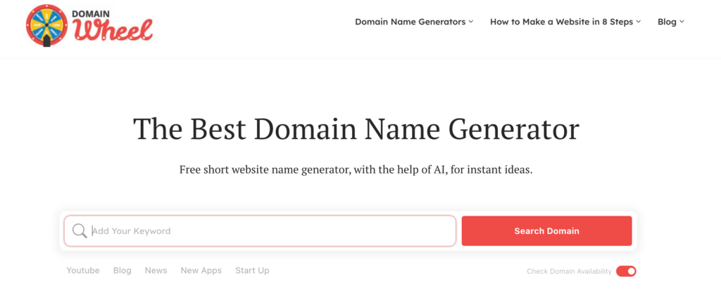DomainWheel domain name generator homepage with a keyword search bar