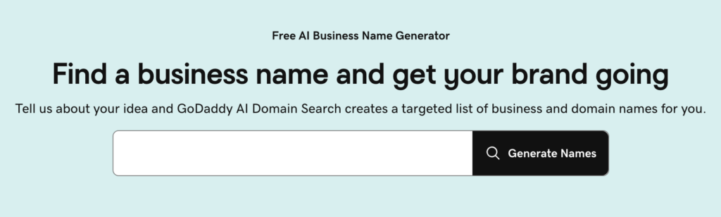 GoDaddy domain search page with an AI-powered search bar for a domain or idea