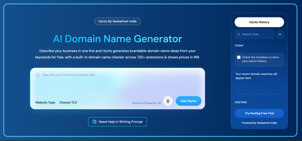 Hynts by SeekaHost India AI domain name generator