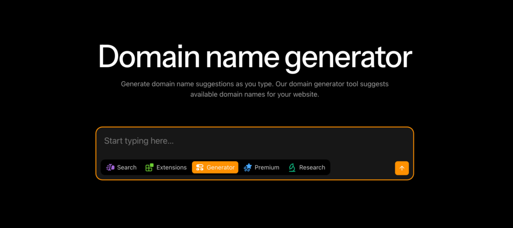 Instant Domain Search homepage with a search bar that checks availability as you type