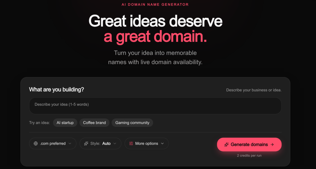 Nametastic AI domain name generator with a box to describe your idea in a few words