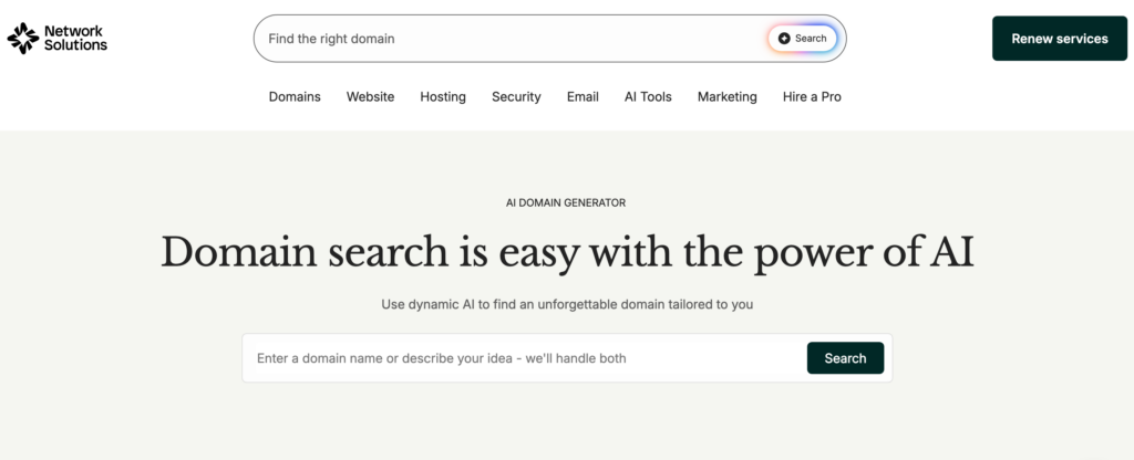 Network Solutions AI domain name generator page with a domain search box