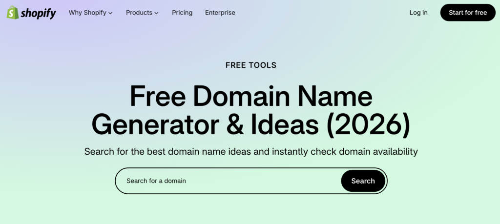 Shopify domain name generator page with a search box for business keywords