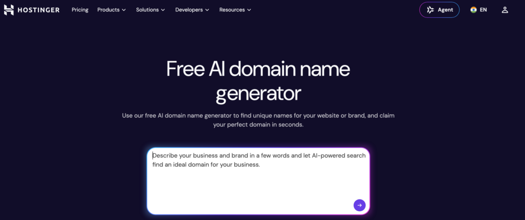 Hostinger AI domain name generator with a single box to describe your business idea